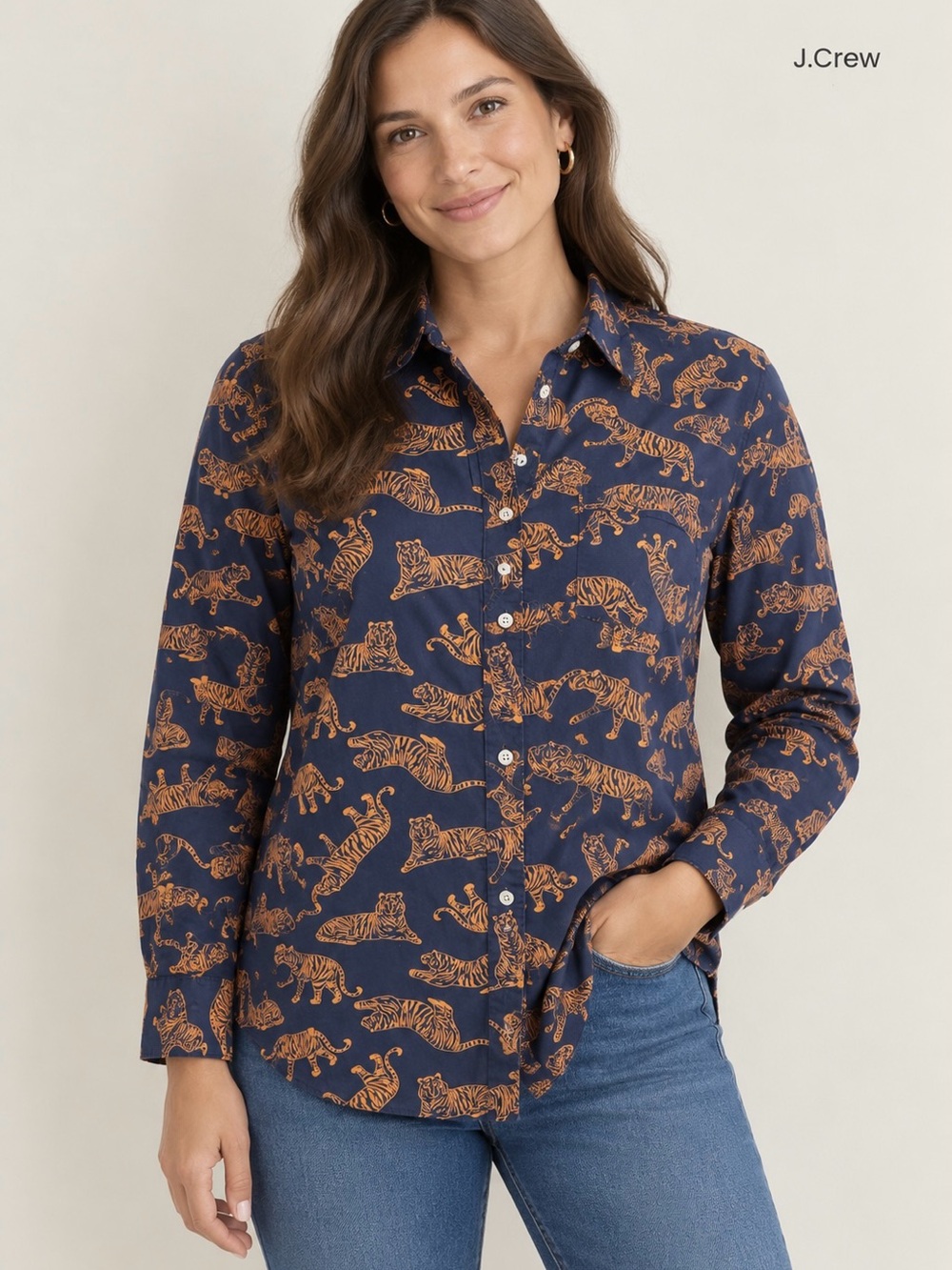 J.Crew Button Up Shirt Womens XS Navy Blue Orange Tiger Print Long Sleeve Preppy